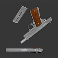 Detailed Shiny Silver Pistol With Wooden Grips And Disassembled Metal Parts