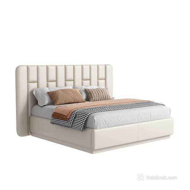 Modern White Upholstered Double Bed With Soft Pillows And Plaid Throw Blanket 3d model