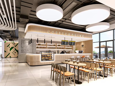Modern Cafe Interior Design With Counter Display Case Round Pendant Lights And Tables Chairs 3d model