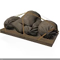 Stacked Brown Sacks Tightly Secured With Ropes On Wooden Pallet