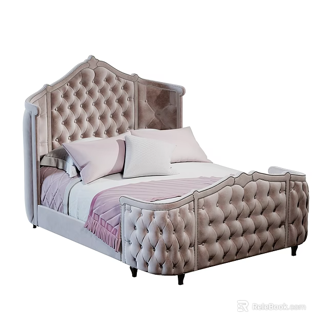Modern Upholstered Tufted Bed Featuring Light Colored Headboard Footboard And Soft Pillows 3d model 