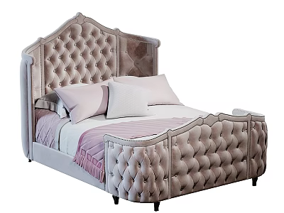 Modern Upholstered Tufted Bed Featuring Light Colored Headboard Footboard And Soft Pillows 3d model