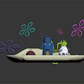Cartoon Style Pineapple House And Blue Tower With Green Curly Plants Pathway And SpongeBob Character