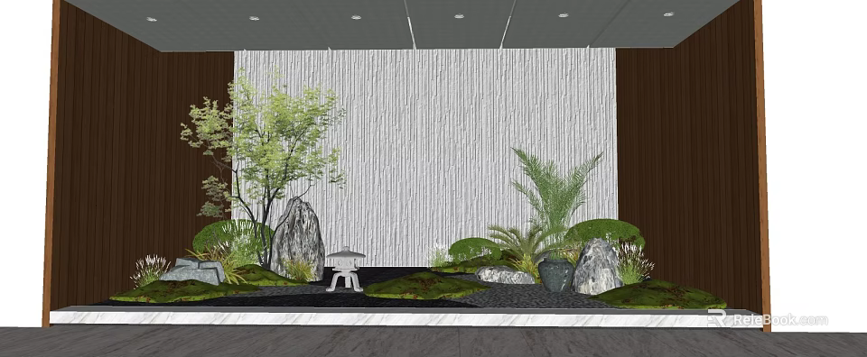 Courtyard Garden With Green Plants Rocks White Stool And Striped Wall 3d model 