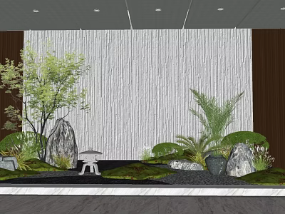 Courtyard Garden With Green Plants Rocks White Stool And Striped Wall 3d model
