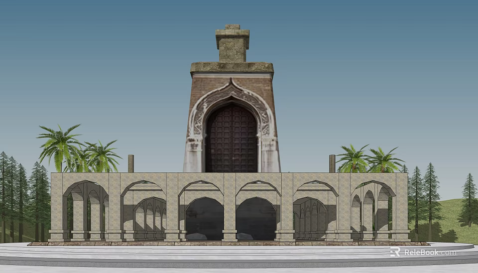 European Architecture Featuring Tower Arched Doorway Palm Trees And Arched Structures 3d model 