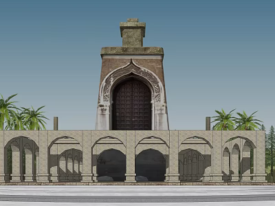 European Architecture Featuring Tower Arched Doorway Palm Trees And Arched Structures 3d model