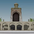 European Architecture Featuring Tower Arched Doorway Palm Trees And Arched Structures