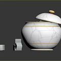 White Decorative Jar With Gold Trim Lid And Gray Cubes For Home Use