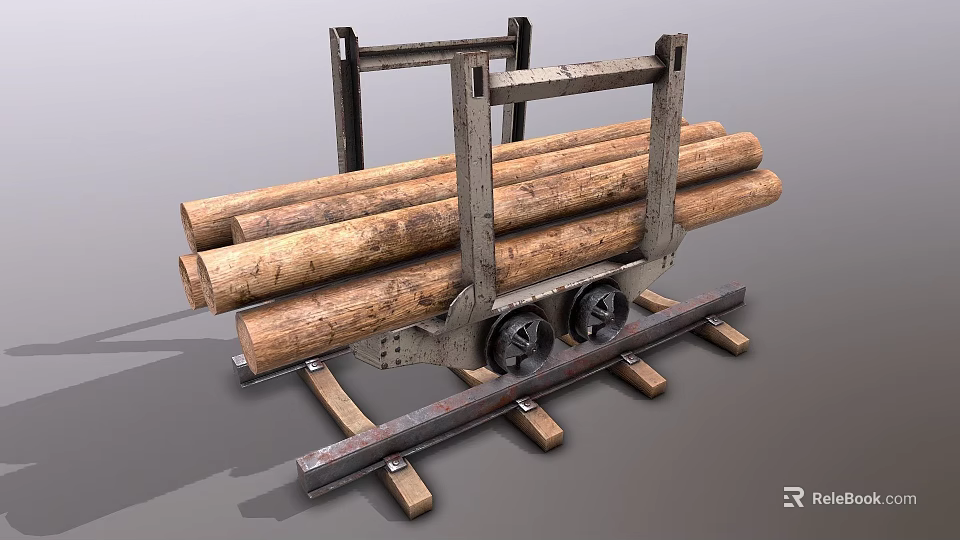 Metal Frame Cart With Wooden Logs On Track And Iron Wheels For Transportation 3d model 