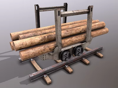 Metal Frame Cart With Wooden Logs On Track And Iron Wheels For Transportation 3d model