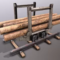 Metal Frame Cart With Wooden Logs On Track And Iron Wheels For Transportation