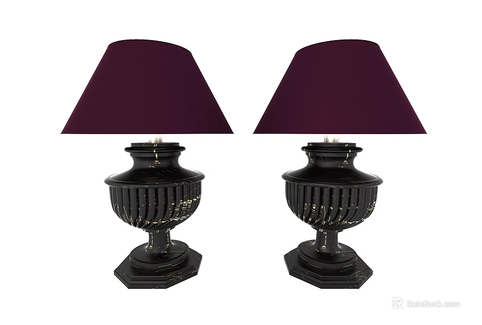 Vintage Style Table Lamps With Black Base And Maroon Lampshade Set Of Two 3d model 