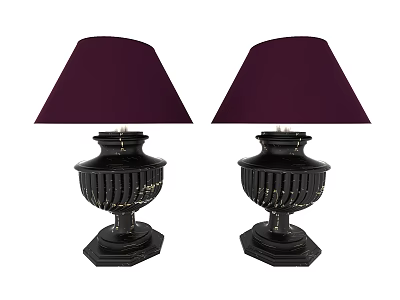 Vintage Style Table Lamps With Black Base And Maroon Lampshade Set Of Two 3d model