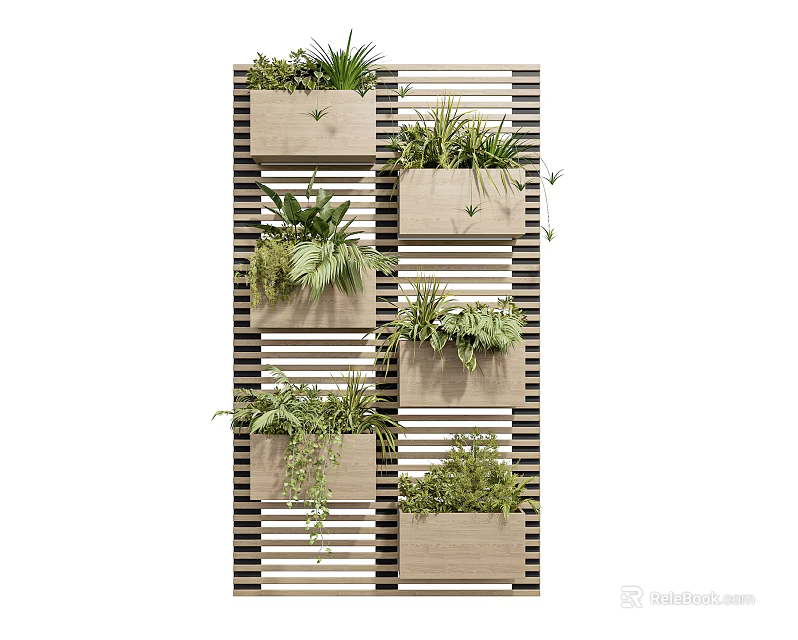Vertical Garden Wall Decor With Wooden Planters And Green Plants On Striped Background 3d model 