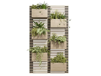 Vertical Garden Wall Decor With Wooden Planters And Green Plants On Striped Background 3d model