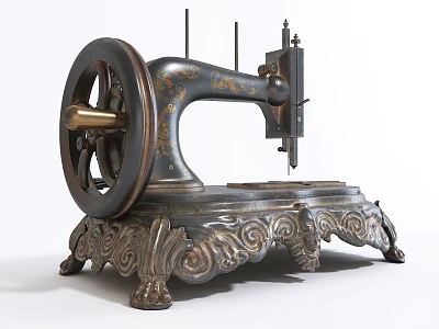 Vintage Industrial Sewing Machine With Large Wheel And Ornate Carved Base 3d model