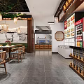Warm Traditional Chinese Restaurant Interior With Food Display Shelves Beverage Coolers And Wooden Decor