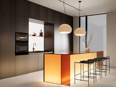 Modern Restaurant Kitchen With Dark Cabinets Orange Island Counter Pendant Lights And Black Bar Stools 3d model