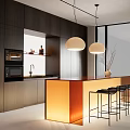 Modern Restaurant Kitchen With Dark Cabinets Orange Island Counter Pendant Lights And Black Bar Stools
