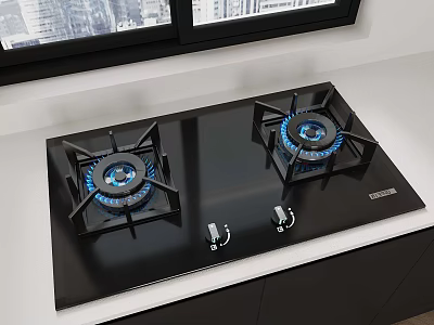 Modern Gas Stove with Black Panel Two Burners and Blue Flames on White Countertop 3d model