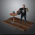 Man Standing On Wooden Plank Platform With Round Table Metal Canister And Red Stool