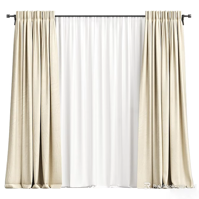 Beige Pleated Curtains With White Sheer Layer For Home Living Room Decor 3d model 