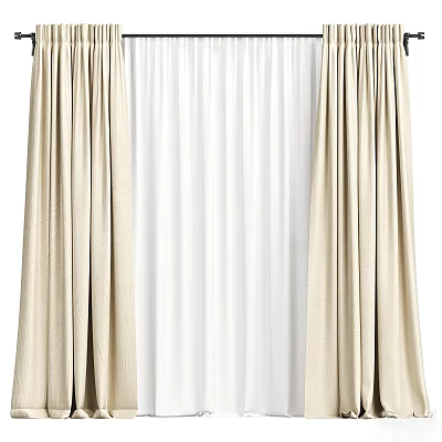 Beige Pleated Curtains With White Sheer Layer For Home Living Room Decor 3d model