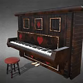 Vintage Wooden Piano With Playing Card Symbols Decor And Red Matching Stool