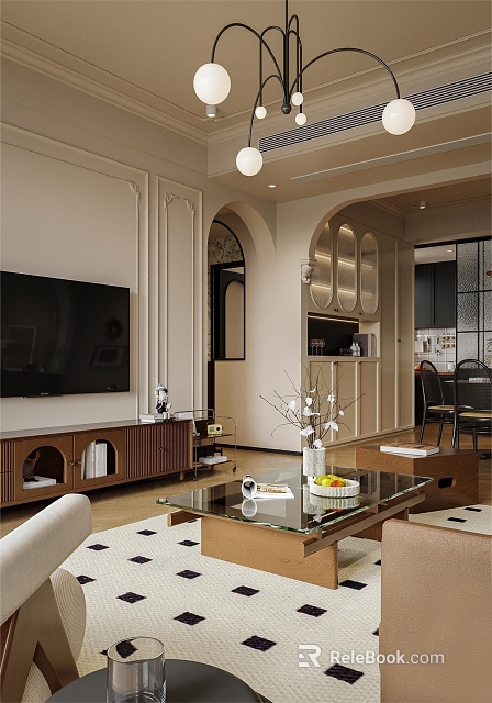 Modern Living And Dining Room Interior With TV Unit Coffee Table And Dining Chairs 3d model 