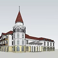 Elegant European Commercial Complex with Red Roof White Walls Balconies Yellow Base and Spire Tower