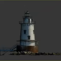 Vintage Blue Lighthouse Tower With Rusted Base And Blue Metal Ladder Surrounded By Rocks