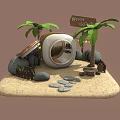 Cartoon Happy Island Scene With Palm Trees Round Hut Sandy Beach And Stone Path