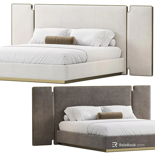 Modern Upholstered Double Bed With Light Gray Headboard White Sheets And Brown Pillow 3d model 