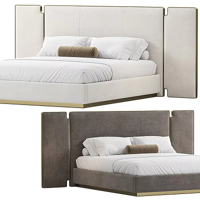 Modern Upholstered Double Bed With Light Gray Headboard White Sheets And Brown Pillow 3d model