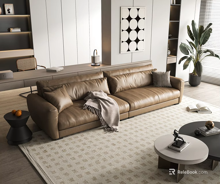Modern Living Room Interior Featuring Brown Leather Double Sofa Pillows And Throw Blanket On Rug 3d model 