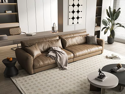 Modern Living Room Interior Featuring Brown Leather Double Sofa Pillows And Throw Blanket On Rug 3d model