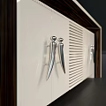 Modern TV Cabinet With White Doors Dark Frame Vertical Striped Panel And Silver Handles