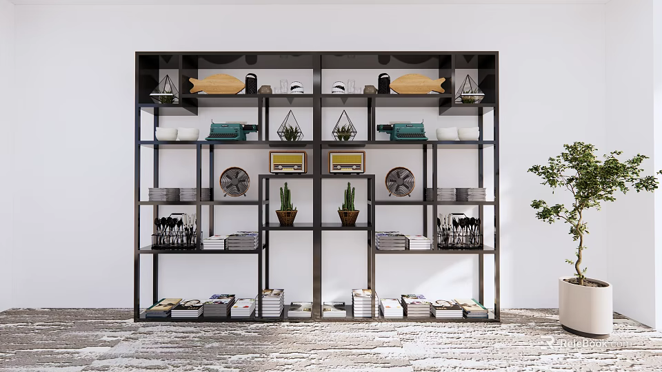 Stylish Black Frame Shelving Unit with Decorative Items Potted Plants Dishes Books and Baskets 3d model 