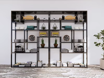 Stylish Black Frame Shelving Unit with Decorative Items Potted Plants Dishes Books and Baskets 3d model