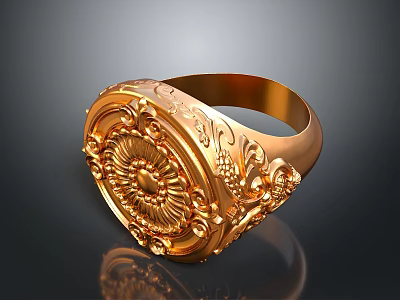 Gold Ornate Ring Featuring Intricate Engraved Floral Decorative Patterns 3d model