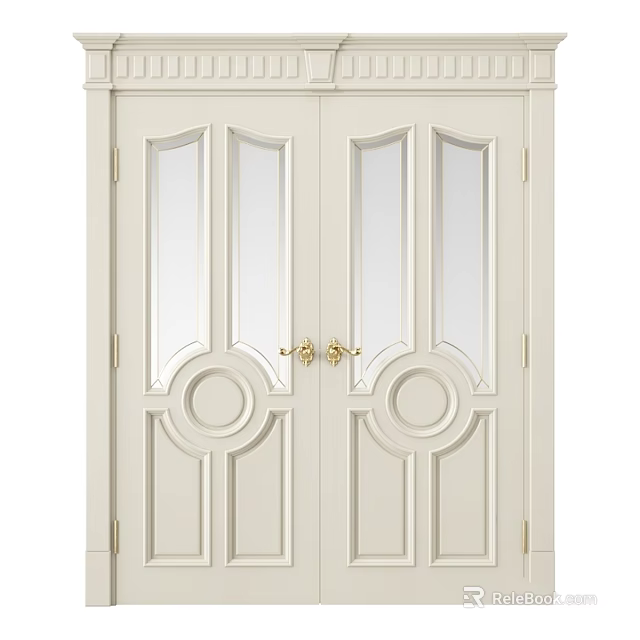 White Swing Doors With Glass Panels Golden Handles And Decorative Patterns 3d model 