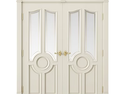 White Swing Doors With Glass Panels Golden Handles And Decorative Patterns 3d model