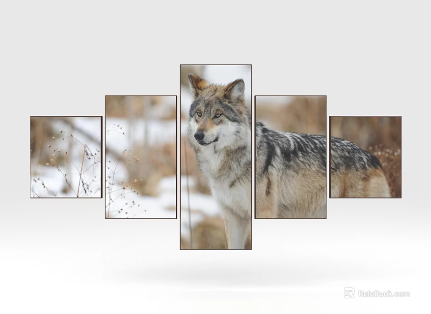 Five Panel Realistic Wolf Animal Painting With Snowy Natural Background Details 3d model 