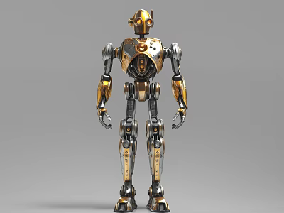 Game and Movie Character Robot with Gold and Silver Metallic Body in Standing Pose 3d model