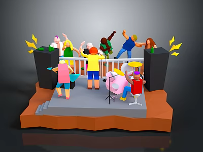 3D Model Colorful Stage Setup With People Speakers Musical Notes And Performance 3d model