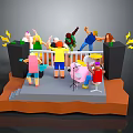 3D Model Colorful Stage Setup With People Speakers Musical Notes And Performance