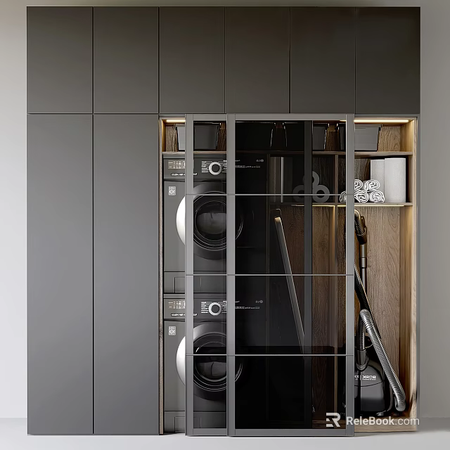 Modern Bathroom Storage Cabinet With Glass Doors Wooden Panels And Storage Design 3d model 