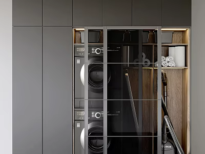 Modern Bathroom Storage Cabinet With Glass Doors Wooden Panels And Storage Design 3d model