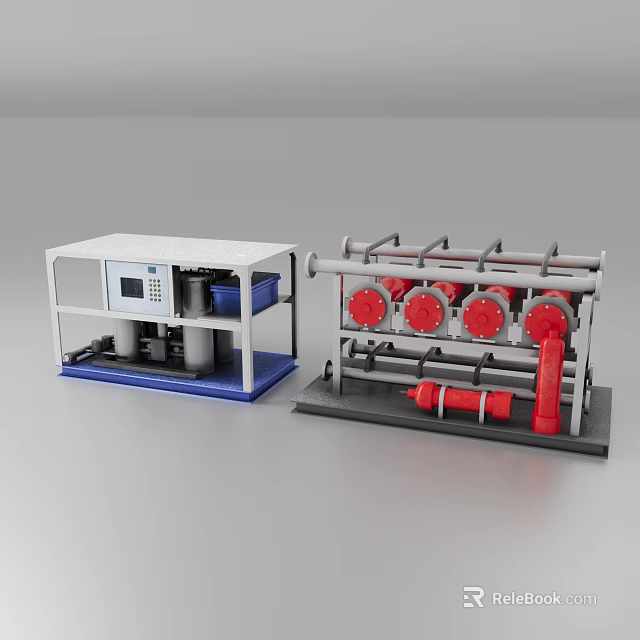 Industrial Equipment With Control Panel Mechanical Pipes And Red Valves System 3d model 